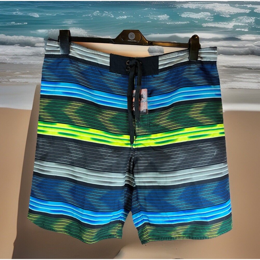 NWT Joe Boxer Mens Black Blue Green Striped Board Shorts Size 36